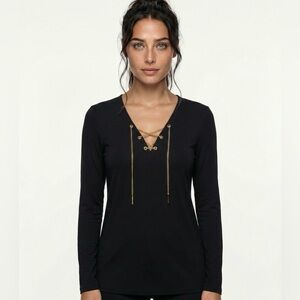 Michael Kors Black Long Sleeve Lughtweight Lace-Up Tunic